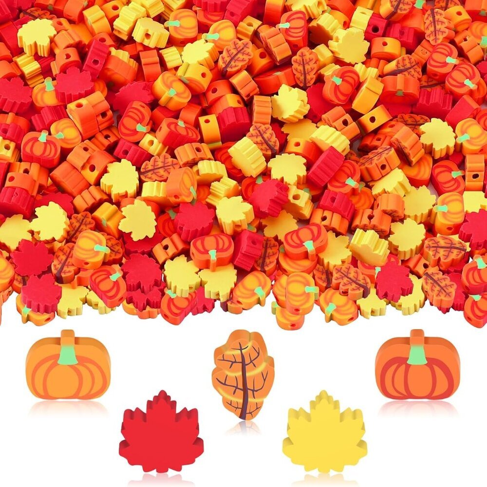 Fall Polymer Clay Beads, 300pcs Thanksgiving Fall Leaf Pumpkin Clay Beads for Je